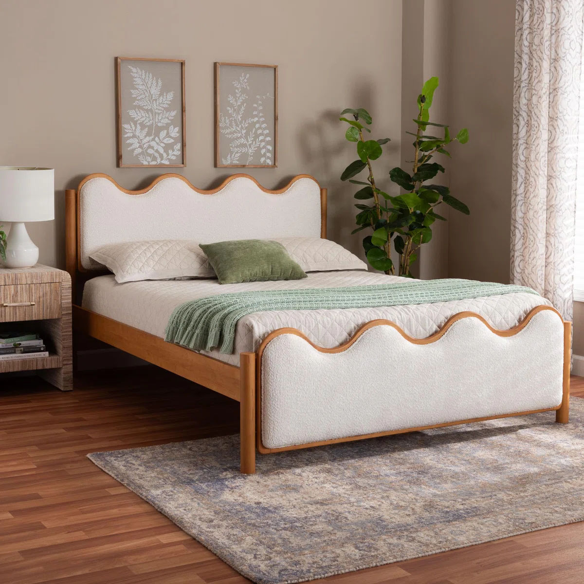 Chickerell Studio Lilia Mid-Century Modern Scalloped Cream Boucle And Oak Brown Wood Queen Platform Bed thumbnail 4